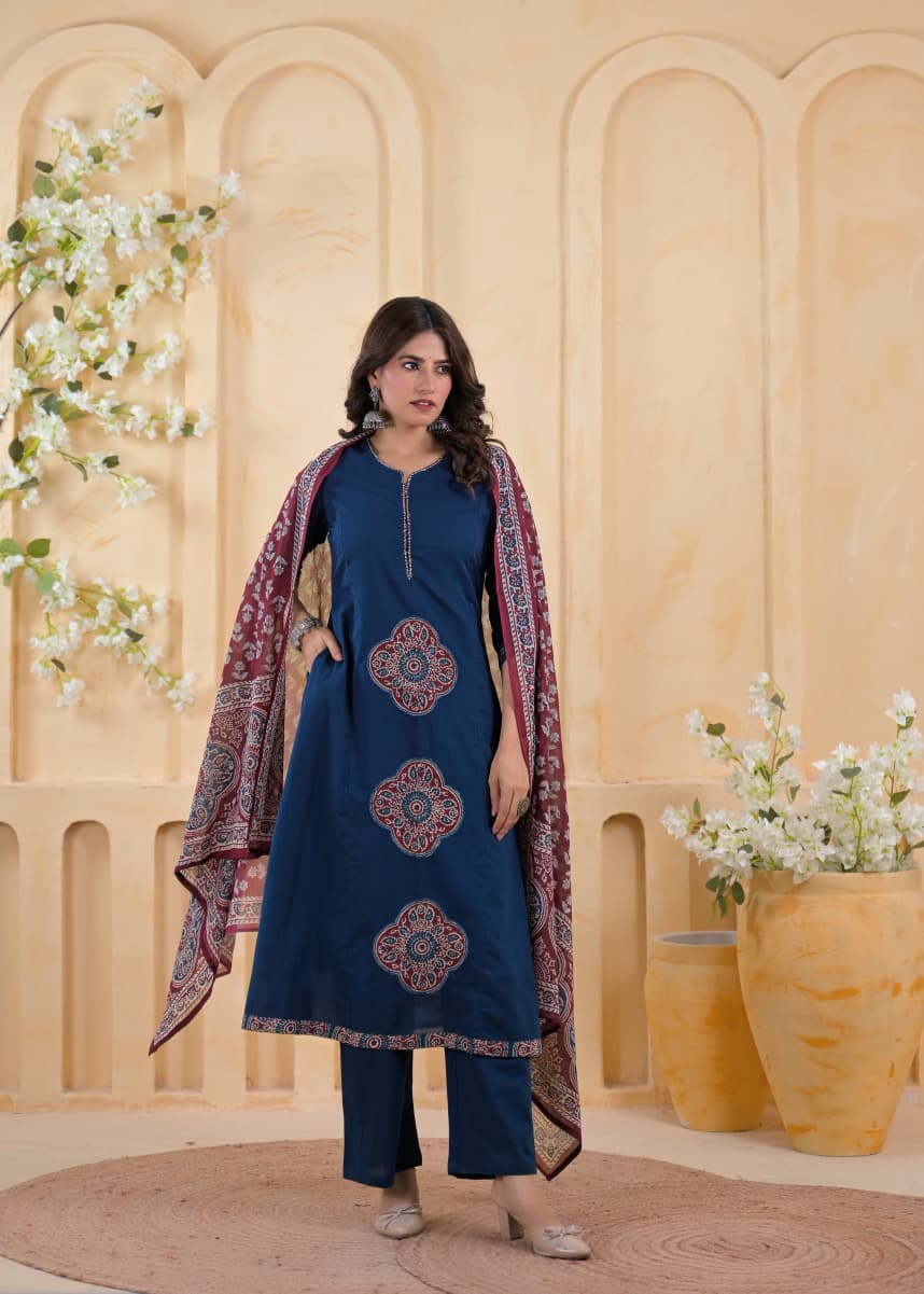 Navy Blue Traditional Co-Ord Set for Women