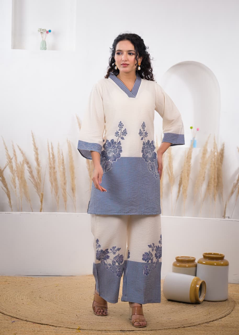 Blue Cotton Printed Co-Ord Set for Women