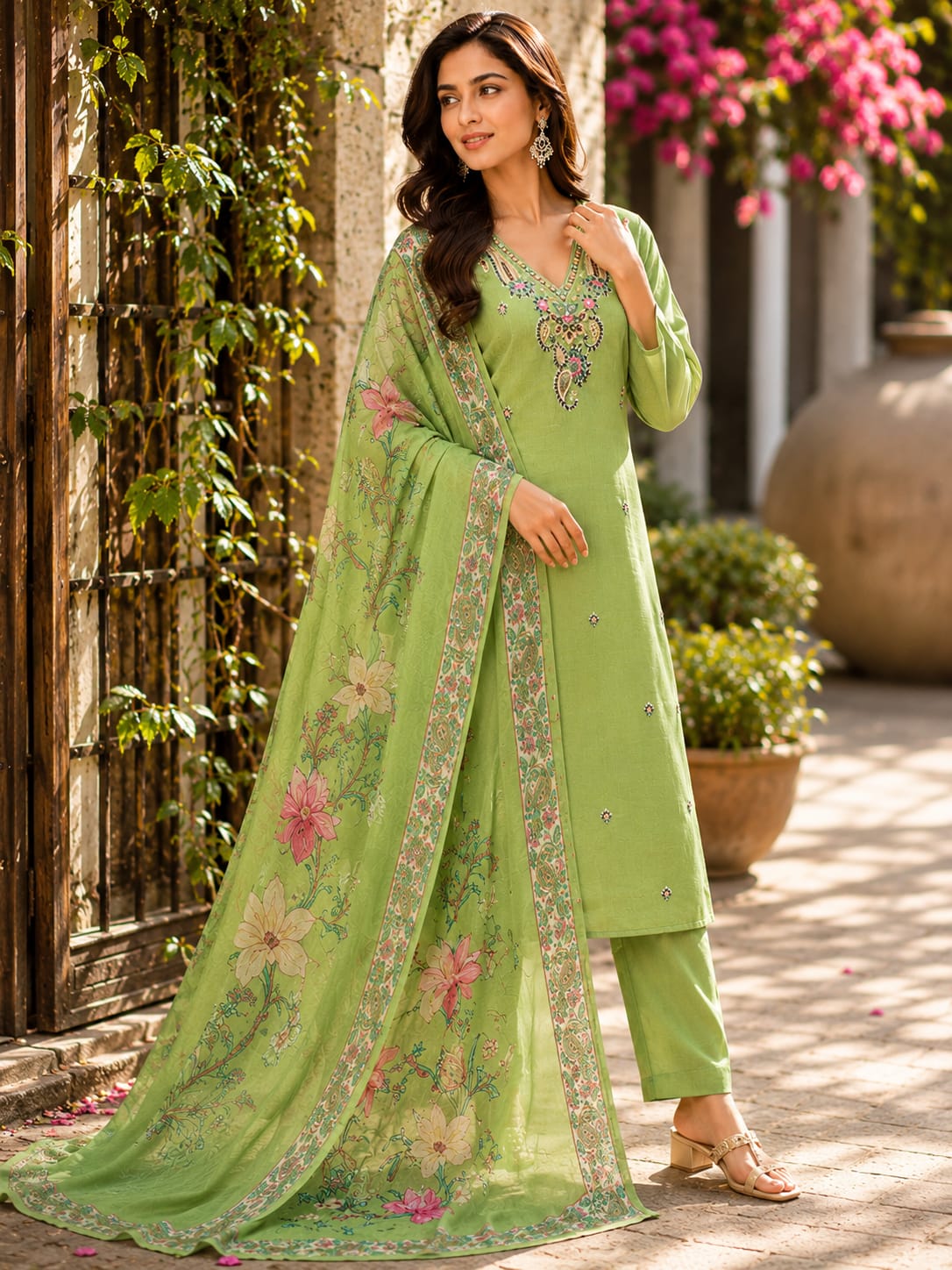 Lime Green Printed Ethnic Co-Ord Set for Women