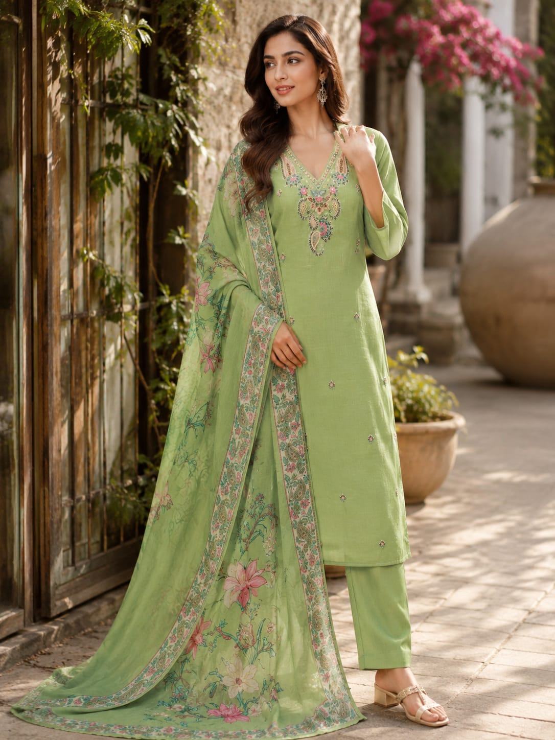 Pastel Green Cotton Co-Ord Set with Dupatta